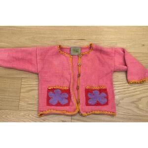 Hand-Knit Pink Wool Sweater / Cardigan – Floral Pockets – Youth M–L (30” Chest)